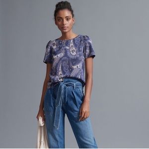 Anthropologie Navy Paisley Metallic Top